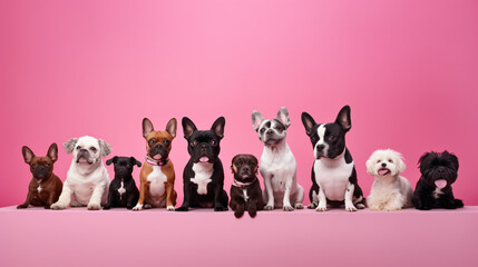 A group of different breed dogs isolated on pink background