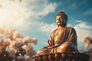 Enlightenment Under the Cloudy Blue Skies: Captivating Golden Buddha Statue