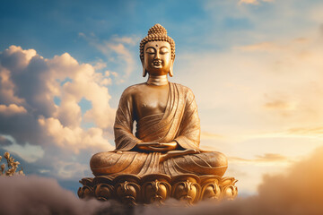 Golden Buddha Statue Illuminated Under a Cloud-Streaked Blue Sky - A serene scene of Meditation and Spirituality