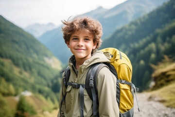 Joyful Young Boy Embarking on an Adventurous Mountain Hike, Embodying Happiness and Love for Nature
