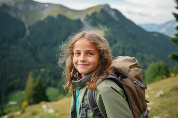 Joyful Young Girl Embarking on a Scenic Mountain Hike, Filled with Happiness and Enthusiasm