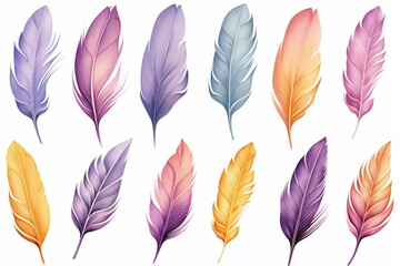 set of pastel colors watercolor feathers on white background