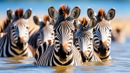 group of zebras crossing the water