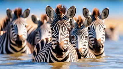 Schilderijen op glas group of zebras crossing the water © mimadeo