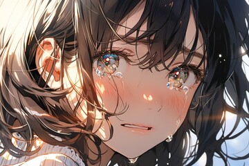 Obraz premium portrait of a beautiful crying young woman with black hair in anime style