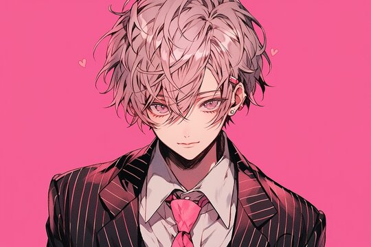 portrait of a handsome guy with blond hair in business suit on a pink background in anime style