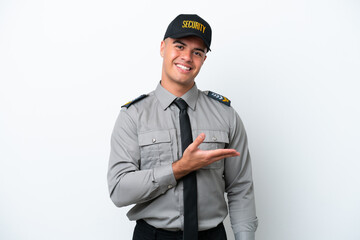 Young caucasian security man isolated on white background presenting an idea while looking smiling...