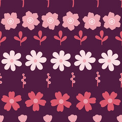 Maroon floral seamless pattern. Pink simple hand drawn flowers on dark red background
