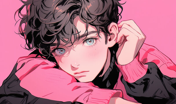portrait of a handsome young guy with black hair on a pink background in anime style