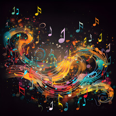 Beautiful Music notes flow background. Vector music note tune art decoration for musical concert,...