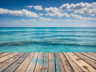 Wooden floor plank with blue sea and bright cloudy sky background