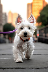 Cute Westie dog on a leash enjoying a sunset walk in the city, with warm light casting a glow on its fluffy white fur.