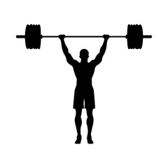 A weight lifting muscle man or bodybuilder weightlifting weights in silhouette, vector illustrator.
