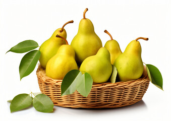 A realistic portrait of pears in a basket white background