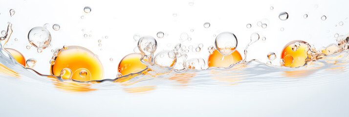 Luftblasen für Kosmetikprodukte auf weißem Hintergrund. Öltropfen im Wasser. - obrazy, fototapety, plakaty