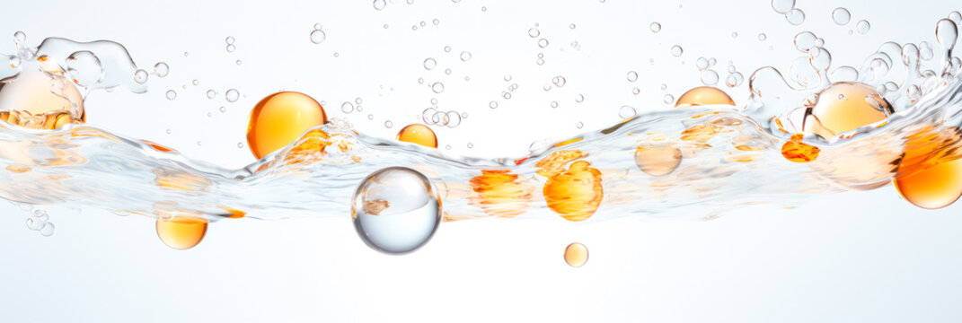 Luftblasen f&uuml;r Kosmetikprodukte auf wei&szlig;em Hintergrund. &Ouml;ltropfen im Wasser.