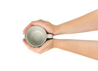Empty Cup in Hands Isolated, Hand Holds Cup, Coffee Mug, Teacup, Hot Beverage Mockup, Grey Cup in Arms