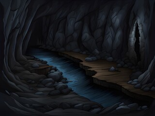 a dark empty underground tunnel with river