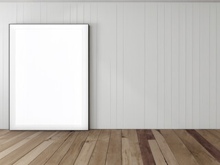 mock up poster frame on wooden background, 3d render