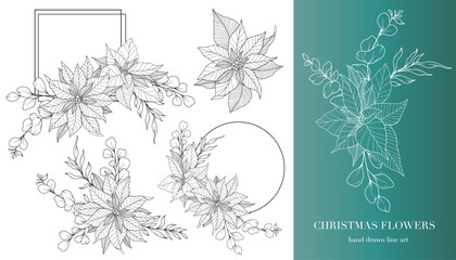 Poinsettia Line Art. Christmas Floral Frames and Bouquets Line Art. Fine Line Christmas Frame Hand Drawn Illustration. Hand Drawn Outline Poinsettia. ChristmasColoring Page. Poinsettia Isolated