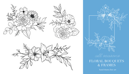 Wildflowers Line Art. Floral Frames and Bouquets. Floral Line Art. Fine Line Wildflowers Frames Hand Drawn Illustration. Hand Drawn Outline Wildflowers. Botanical Coloring Page. Wildflowers Isolated
