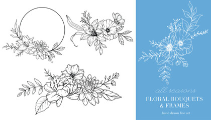 Wildflowers Line Art. Floral Frames and Bouquets. Floral Line Art. Fine Line Wildflowers Frames Hand Drawn Illustration. Hand Drawn Outline Wildflowers. Botanical Coloring Page. Wildflowers Isolated