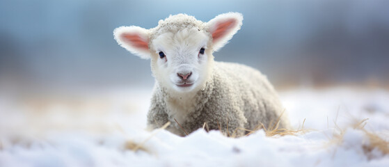 A Sheep baby in snow blur background copy space