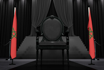 3D render of black royal chair on a dark background betwin two flags, kingdom of morocco flag state symbol, flag of morocco hanging on a flag pole