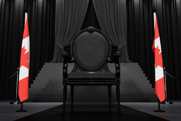 3D render of black royal chair on a dark background betwin two flags, canada flag state symbol, flag of canada hanging on a flag pole