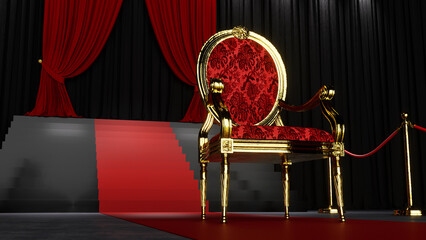Red royal chair on a red and black background, VIP throne, Red royal throne, 3d render