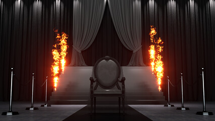 Throne Chair Isolated isolated on dark background. black royal chair, fire 3D render