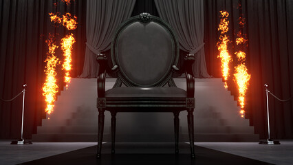 Throne Chair Isolated isolated on dark background. black royal chair, fire