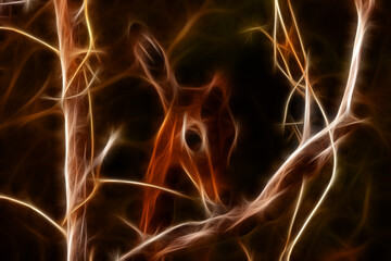 Roe deer among the tree branches line art in neon style