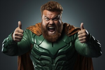 Comic portrait of a fat redhead bearded man in green superhero costume. The funny screaming dude portrays a powerful Irish Superman and gives a thumbs up. Black background, copy space. - obrazy, fototapety, plakaty