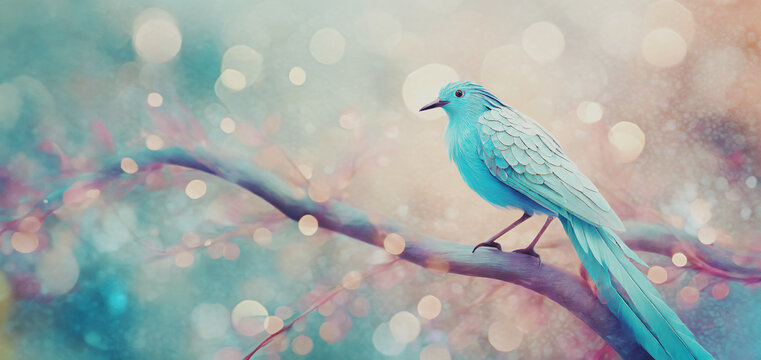 illustrazione di uccello dal piumaggio azzurro appollaiato sul ramo di un albero, sfondo con aloni di luce in colori pastello