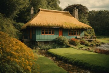 Fototapeta na wymiar Cottagecore styled house with thatched roof and nearby creek. Generative Ai.