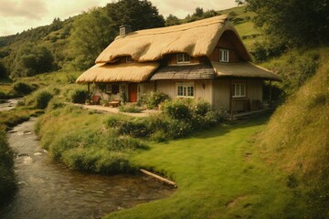 Fototapeta na wymiar Cottagecore styled house with thatched roof and nearby creek. Generative Ai.