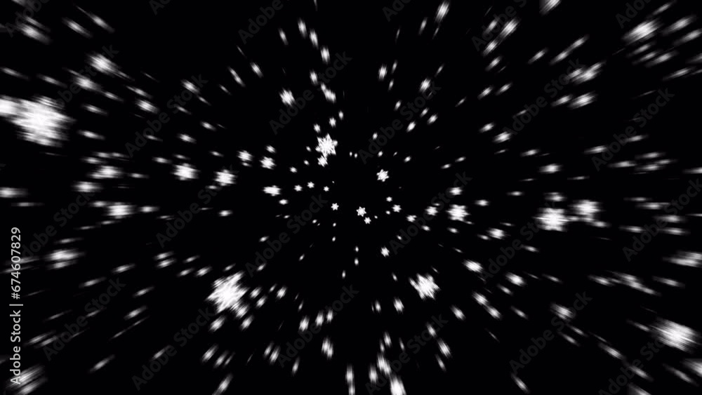 Poster beautiful loop falling moving white starflakes particles radial blurred animation on black abstract 