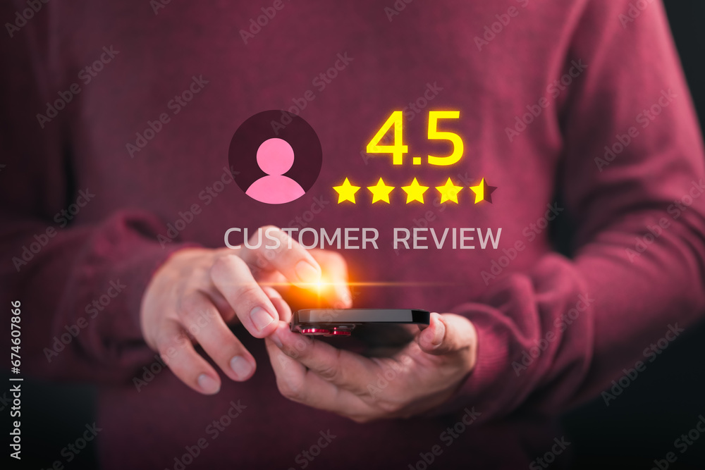 Poster customer using a smartphone give point 4.5 stars icon for feedback review satisfaction service opini