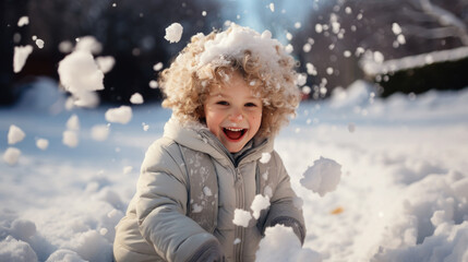 Fototapeta na wymiar little cheerful european curly child playing snowballs on the street in winter, emotional face, boy, girl, portrait, new year, christmas, kid, toddler, frost, park, walk, holidays