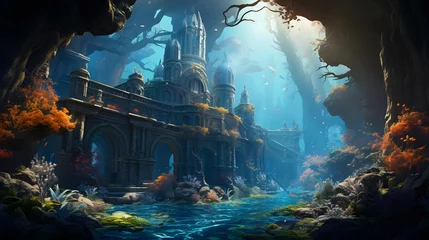 Deurstickers Digital painting of a fantasy landscape with a fantasy temple and a river © Iman