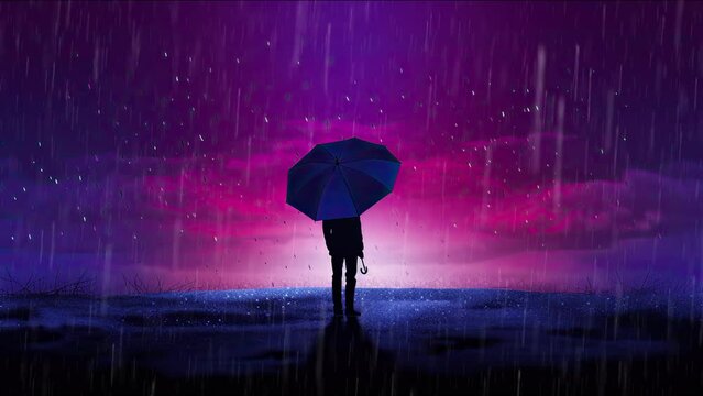 Seamless loop animation. sad young man alone purple and blue silhouette. Created using Generative AI Technology
