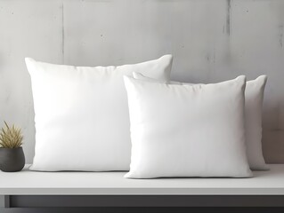 Blank white square cotton pillows on couch in modern living room, mockup.. Generative AI - obrazy, fototapety, plakaty