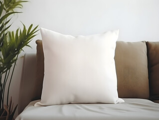 Blank white square cotton pillows on couch in modern living room, mockup.. Generative AI
