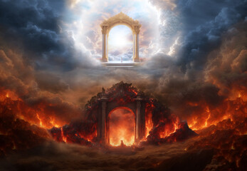 Heaven, a place of paradise on the top and a place of fiery hell at the bottom. Heaven and Hell religious conceptual theme.