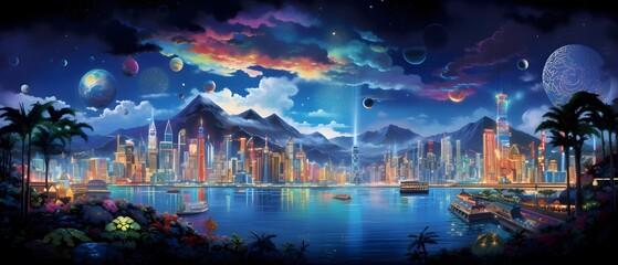 Beautiful night panorama of Hong Kong cityscape. Vector illustration