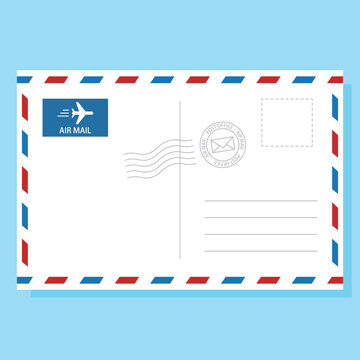 Air mail postcard with postage stamp vector illustration on blue background. Air mail postcard template.
