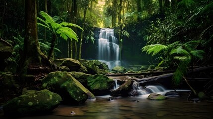 Panorama of a waterfall in the rainforest of Borneo.