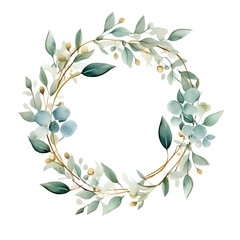 Eucalyptus wreath with golden elements. Floral frame. Watercolor illustration isolated on white. Greenery clipart for wedding invitation, greeting cards, decoration, stationery design. Generative AI