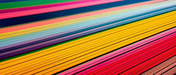 A striped background mock aerial shot of fields of colorful tulips grown for sale on an industrial scale, a generative AI backdrop